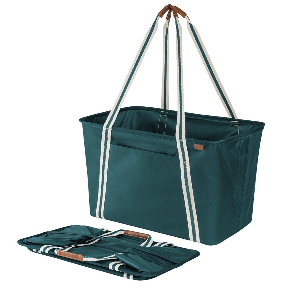 CleverMade Foldable Striped-Handle Foldable Market Tote in Teal 2 PACK